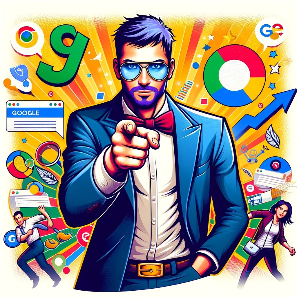 SEO and Google Rankings​ expert pointing at the screen with a bunch of SEO like symbols behind him