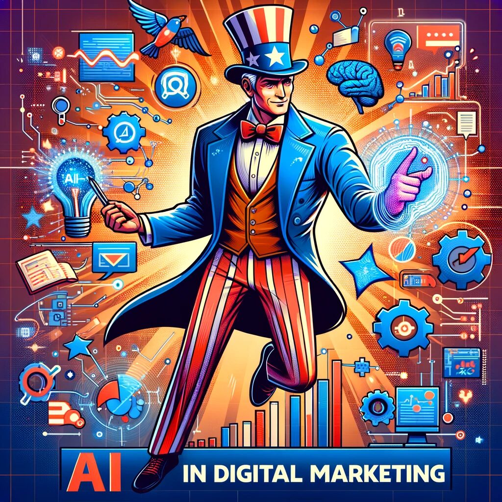 AI in Digital Marketing , the we want you guy, dressed with american flag patterns and flags with a bunch of ai and digital icons behind him.