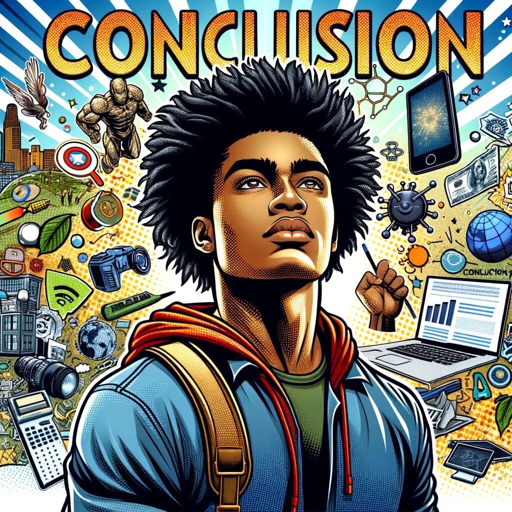 Conclusion is a young black man with a backpack. He is looking up, he has a bright future ahead. There are tech devices floating in the air behind him.