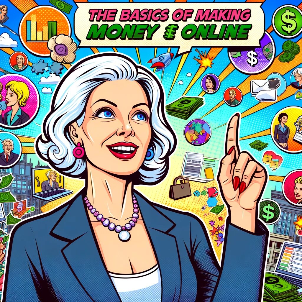 The Basics of Making Money Online with a slightly older white lady with white hair pointing. There a load of money and marketing icons behind her.