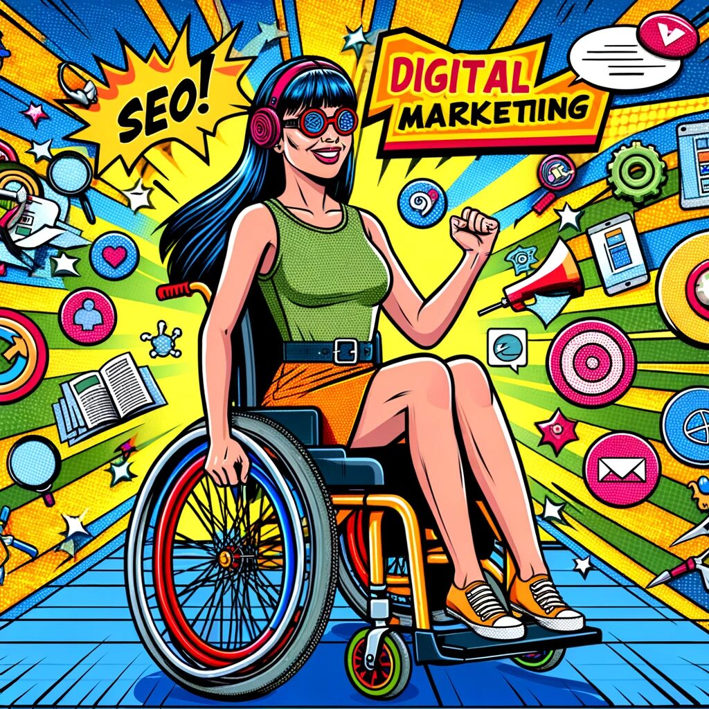 Understanding Digital Marketing is young woman in a wheelchair with the words SEO and digital marketing posted behind her in comic like style.