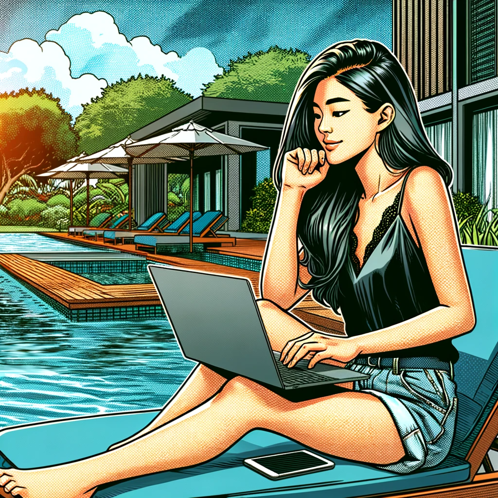 Young asian lady sitting by the pool on her laptop looking for work from home jobs.,