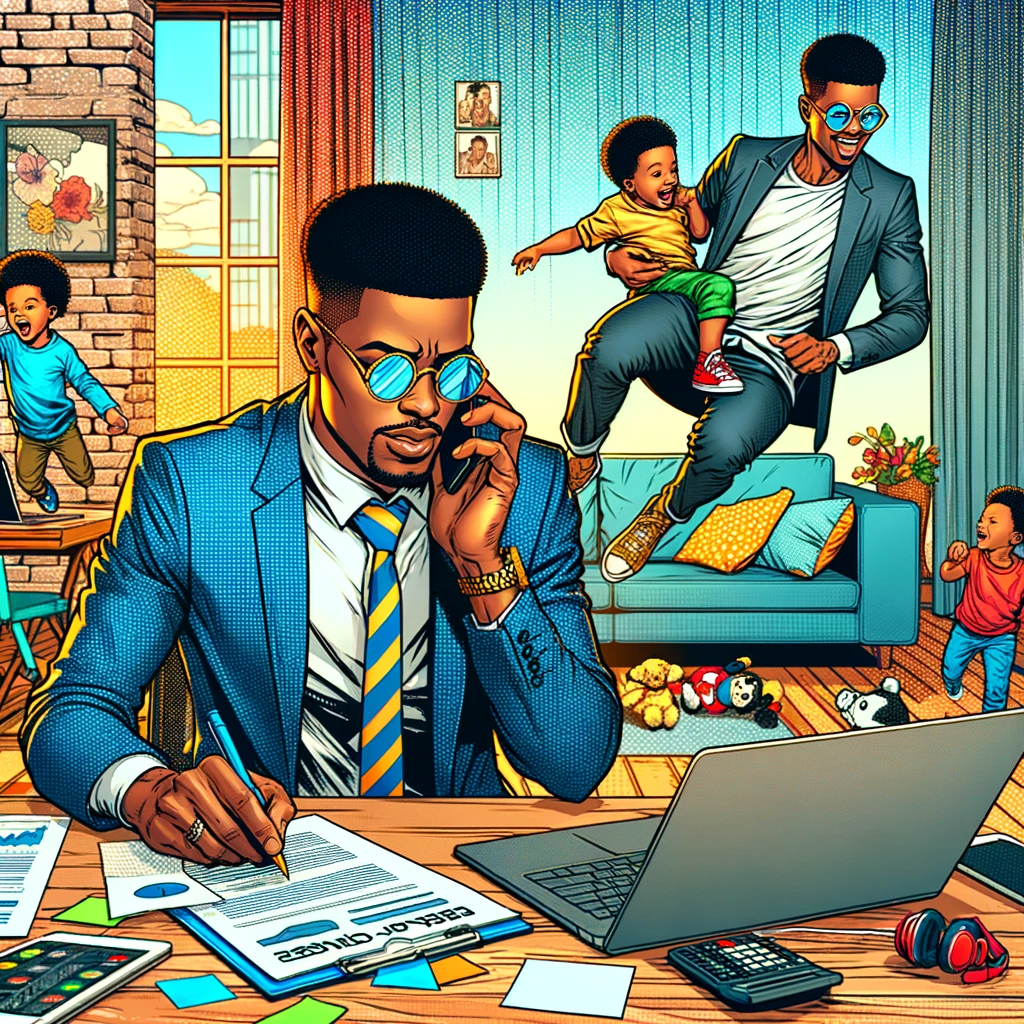 A young black man looking for work from home jobs on his laptop at home with man and baby behind him