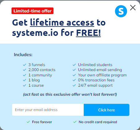 Get lifetime access to systeme.io for free budle listing free plan